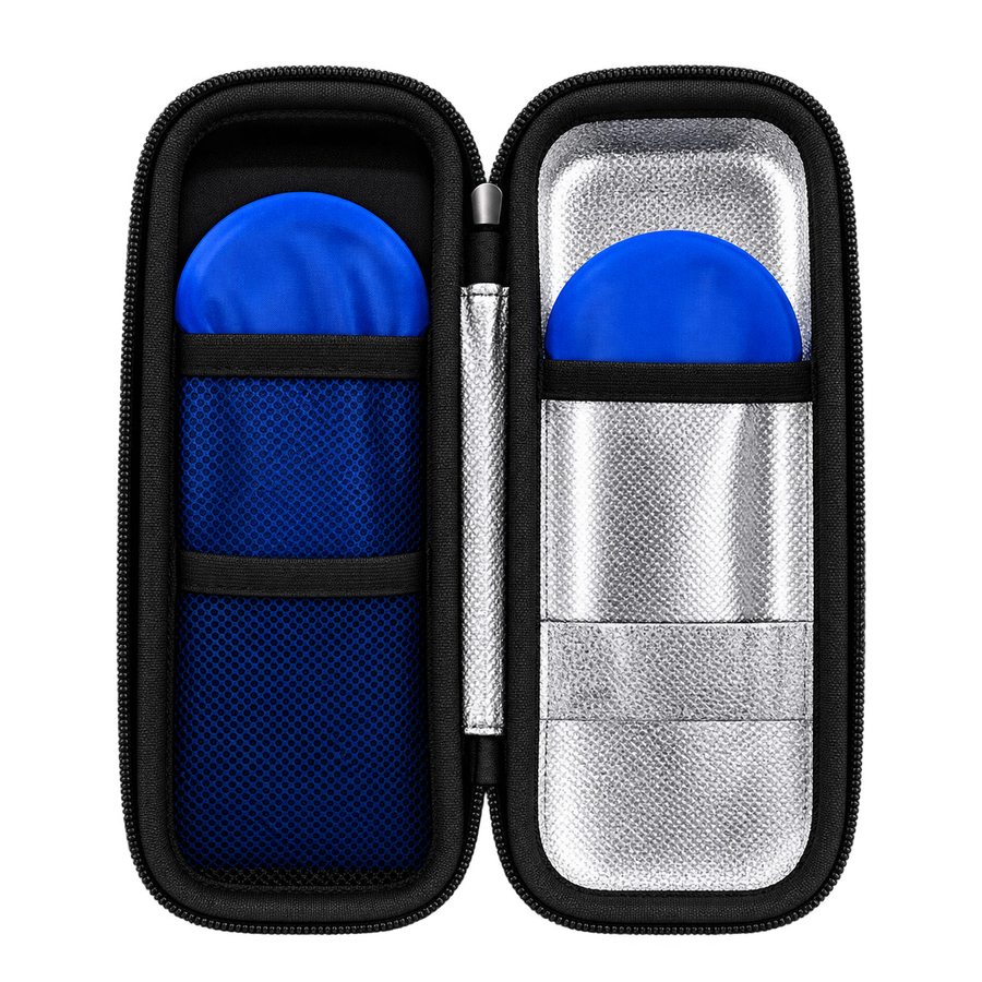 The cooling case open, with two blue ice packs, a pen loop in the middle and silver lined pockets